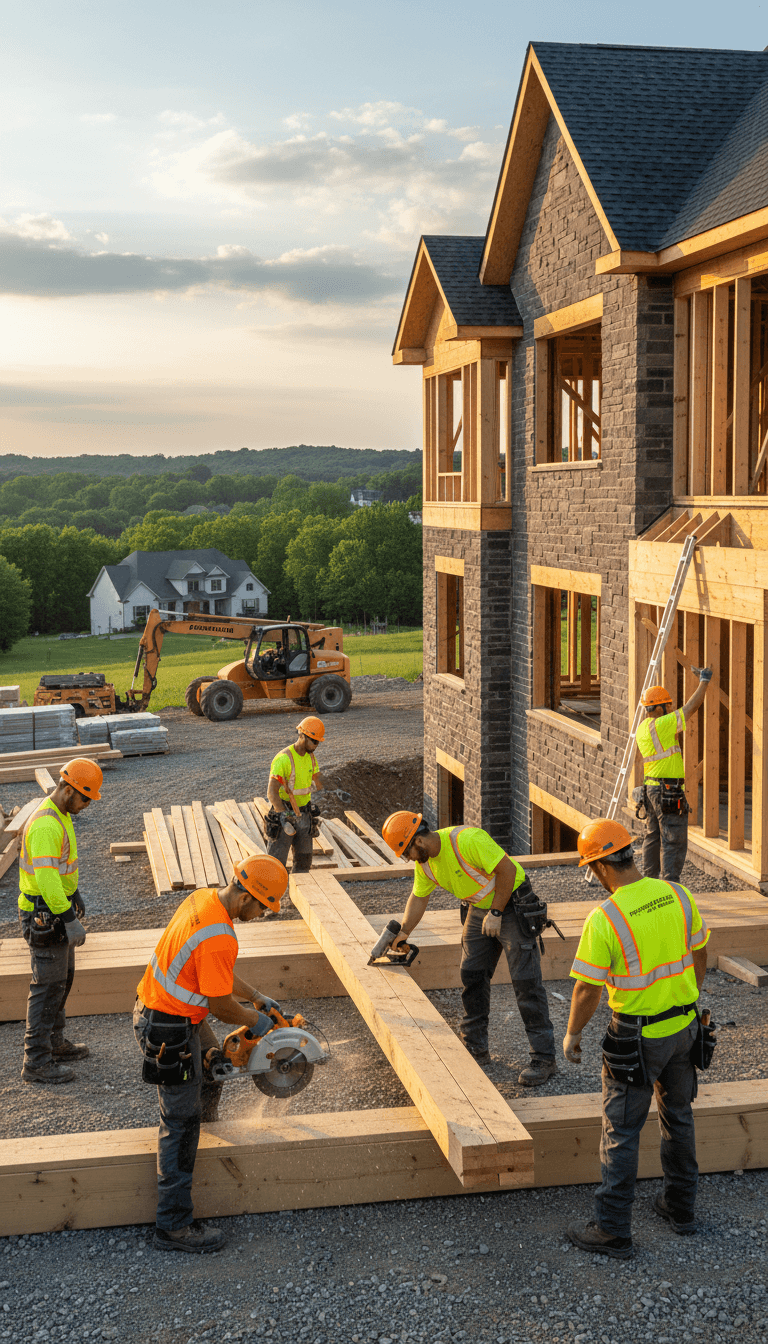 Professional contractor team working on residential construction project