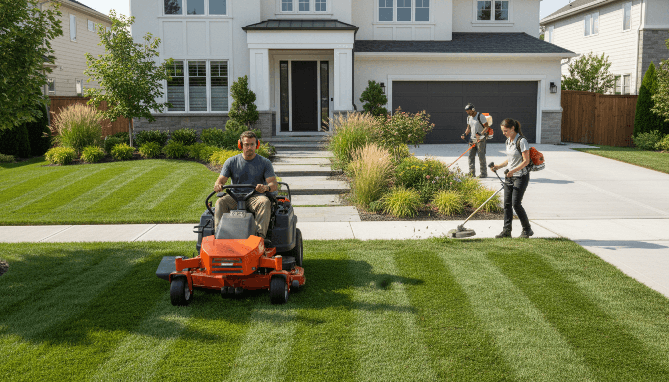 Landscaping team maintaining residential front yard with mower, trimmer, and weed control treatment in coordinated service