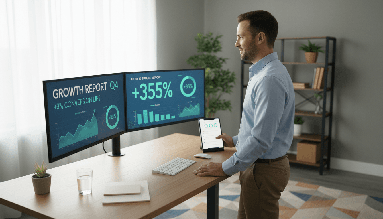 Contractor checking website performance and lead analytics on laptop